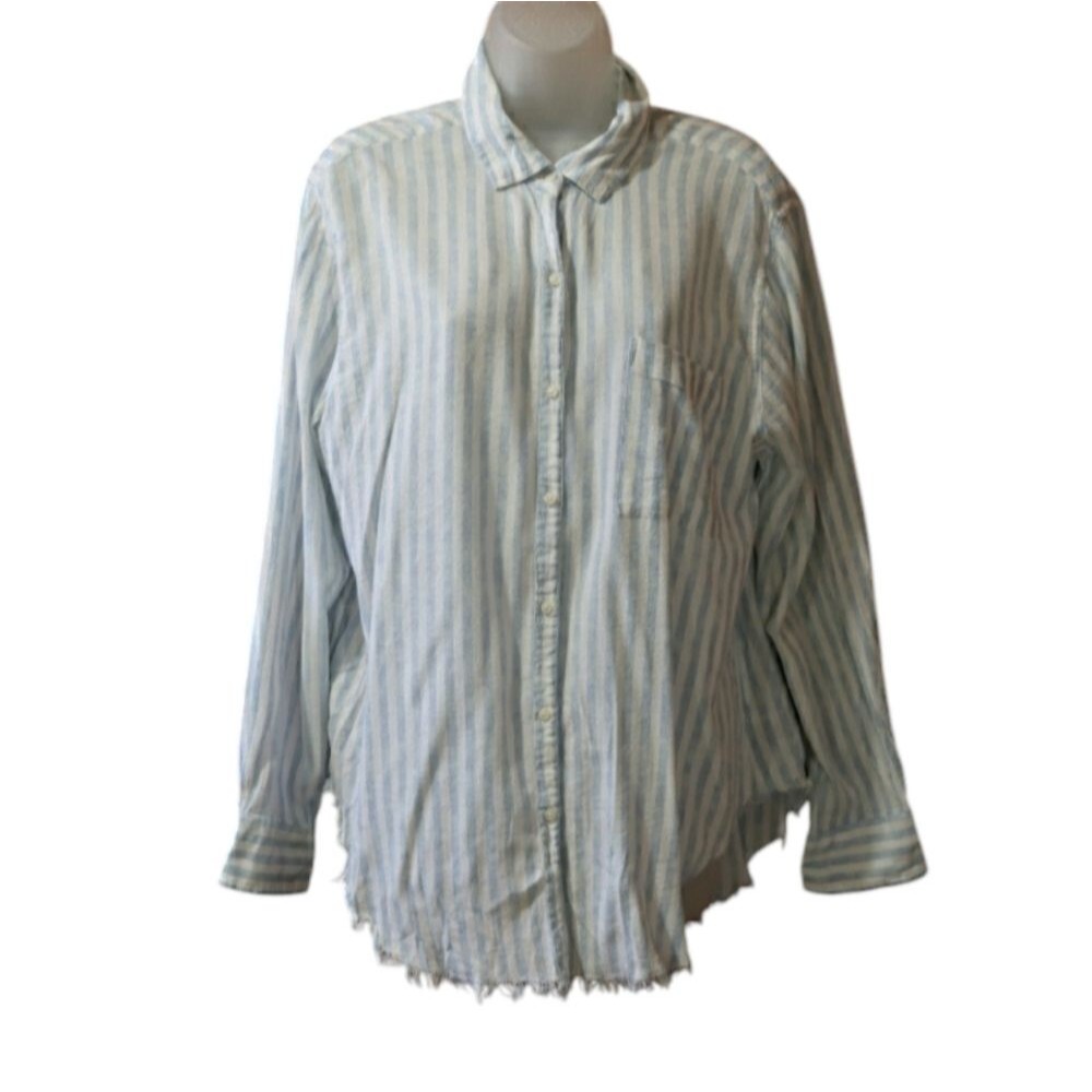 Aerie Blue and White Striped Button Down Popover Blouse Large